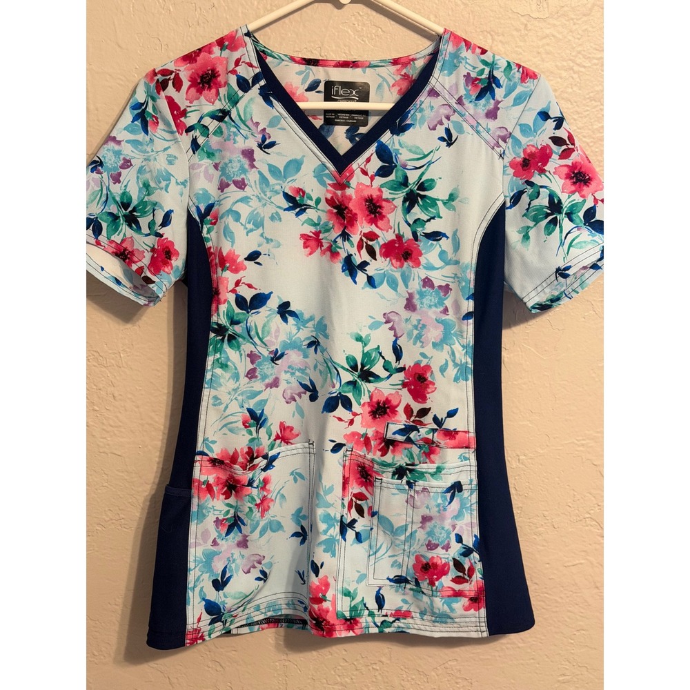Cherokee iFlex Scrub Top Womens XS Floral Print V-Neck Navy Blue Stretch Panels